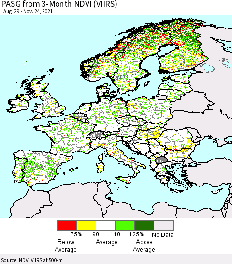 Europe PASG from 3-Month NDVI (VIIRS) Thematic Map For 11/17/2021 - 11/24/2021