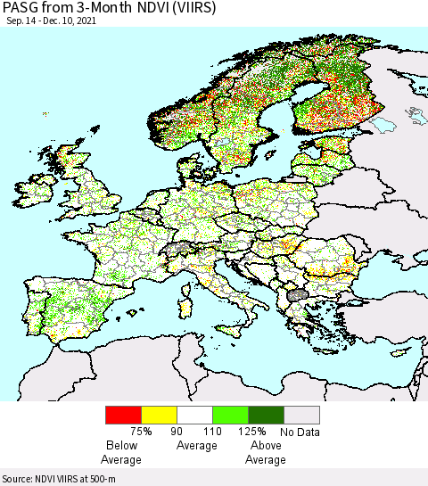 Europe PASG from 3-Month NDVI (VIIRS) Thematic Map For 12/3/2021 - 12/10/2021