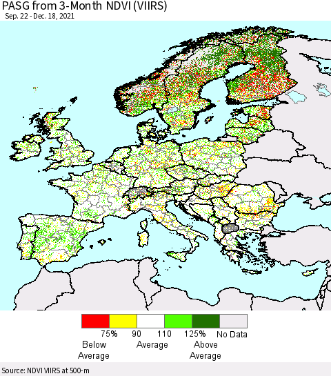 Europe PASG from 3-Month NDVI (VIIRS) Thematic Map For 12/11/2021 - 12/18/2021