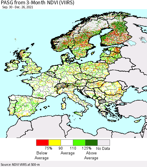 Europe PASG from 3-Month NDVI (VIIRS) Thematic Map For 12/19/2021 - 12/26/2021