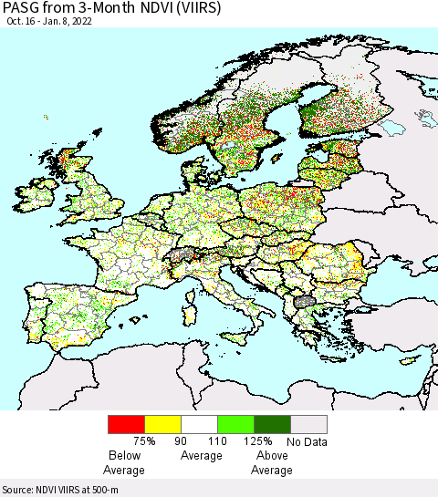 Europe PASG from 3-Month NDVI (VIIRS) Thematic Map For 1/1/2022 - 1/8/2022