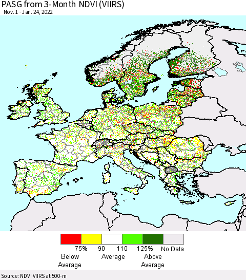 Europe PASG from 3-Month NDVI (VIIRS) Thematic Map For 1/17/2022 - 1/24/2022