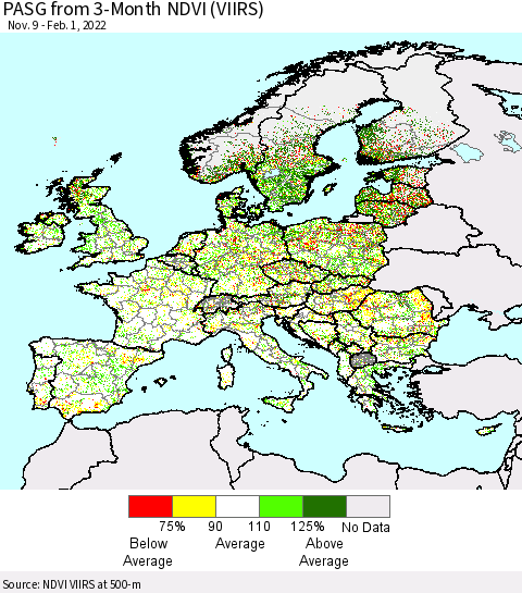 Europe PASG from 3-Month NDVI (VIIRS) Thematic Map For 1/25/2022 - 2/1/2022