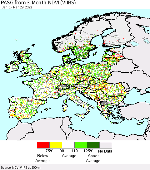 Europe PASG from 3-Month NDVI (VIIRS) Thematic Map For 3/22/2022 - 3/29/2022