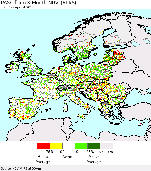 Europe PASG from 3-Month NDVI (VIIRS) Thematic Map For 4/7/2022 - 4/14/2022