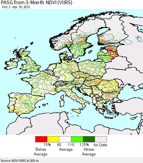 Europe PASG from 3-Month NDVI (VIIRS) Thematic Map For 4/23/2022 - 4/30/2022