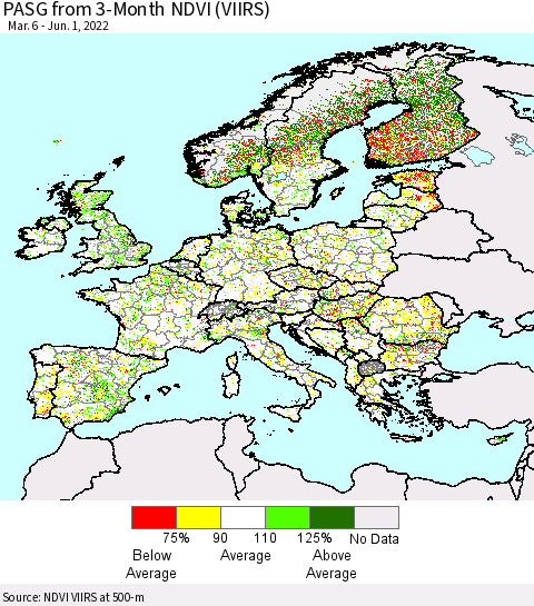 Europe PASG from 3-Month NDVI (VIIRS) Thematic Map For 5/25/2022 - 6/1/2022