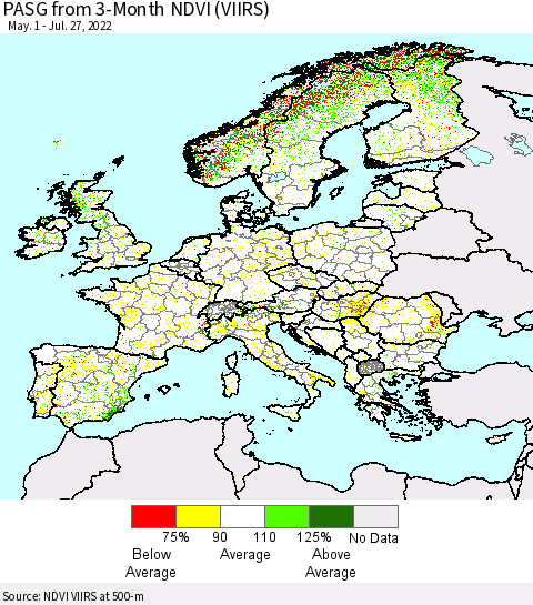Europe PASG from 3-Month NDVI (VIIRS) Thematic Map For 7/20/2022 - 7/27/2022