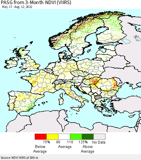 Europe PASG from 3-Month NDVI (VIIRS) Thematic Map For 8/5/2022 - 8/12/2022