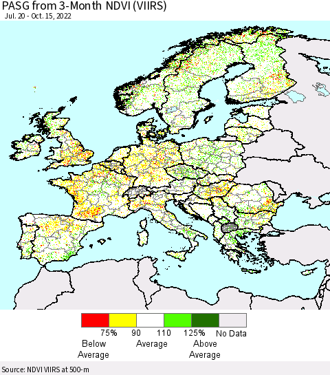 Europe PASG from 3-Month NDVI (VIIRS) Thematic Map For 10/8/2022 - 10/15/2022