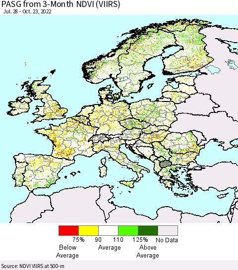 Europe PASG from 3-Month NDVI (VIIRS) Thematic Map For 10/16/2022 - 10/23/2022