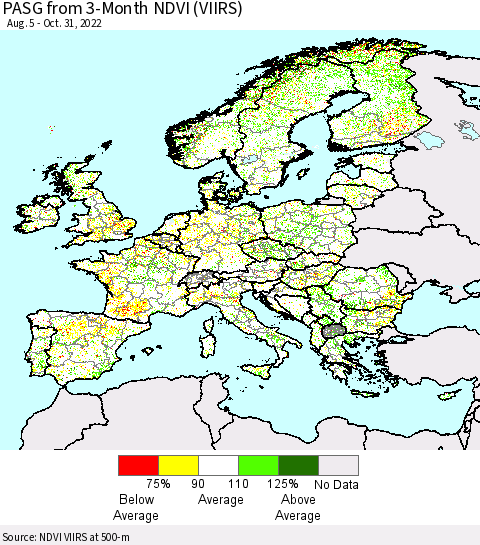 Europe PASG from 3-Month NDVI (VIIRS) Thematic Map For 10/24/2022 - 10/31/2022