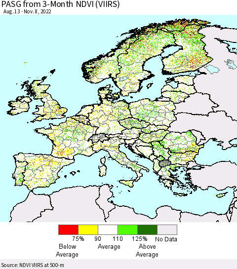 Europe PASG from 3-Month NDVI (VIIRS) Thematic Map For 11/1/2022 - 11/8/2022