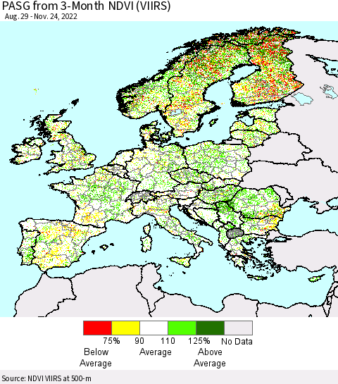 Europe PASG from 3-Month NDVI (VIIRS) Thematic Map For 11/17/2022 - 11/24/2022