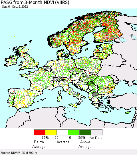 Europe PASG from 3-Month NDVI (VIIRS) Thematic Map For 11/25/2022 - 12/2/2022