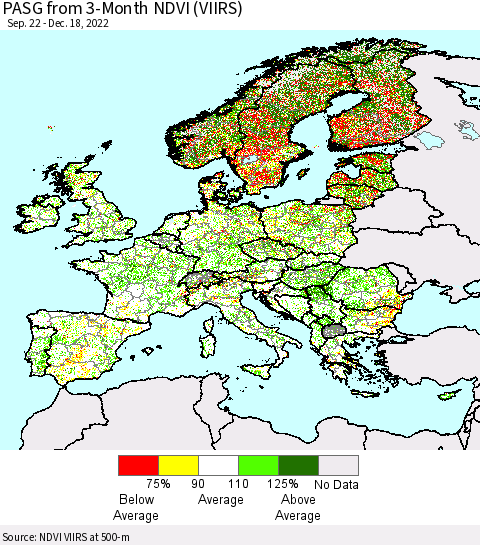 Europe PASG from 3-Month NDVI (VIIRS) Thematic Map For 12/11/2022 - 12/18/2022