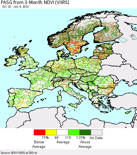 Europe PASG from 3-Month NDVI (VIIRS) Thematic Map For 1/1/2023 - 1/8/2023