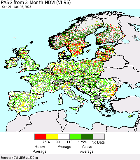 Europe PASG from 3-Month NDVI (VIIRS) Thematic Map For 1/9/2023 - 1/16/2023