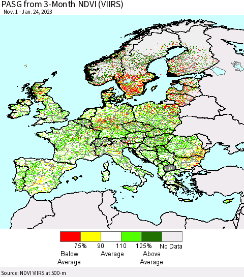 Europe PASG from 3-Month NDVI (VIIRS) Thematic Map For 1/17/2023 - 1/24/2023