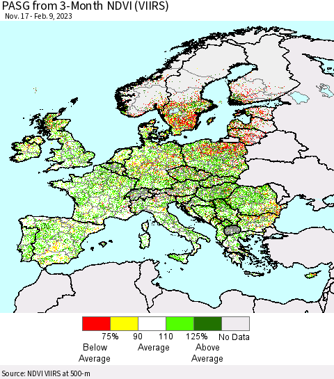 Europe PASG from 3-Month NDVI (VIIRS) Thematic Map For 2/2/2023 - 2/9/2023
