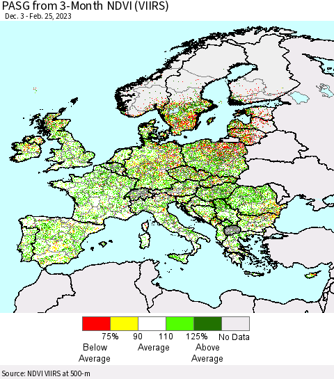Europe PASG from 3-Month NDVI (VIIRS) Thematic Map For 2/18/2023 - 2/25/2023