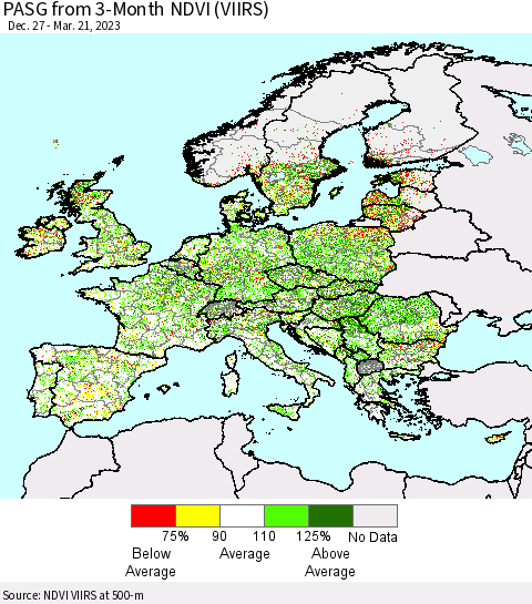 Europe PASG from 3-Month NDVI (VIIRS) Thematic Map For 3/14/2023 - 3/21/2023