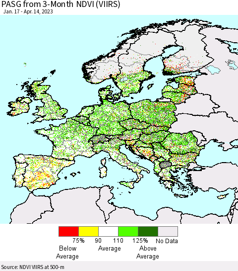 Europe PASG from 3-Month NDVI (VIIRS) Thematic Map For 4/7/2023 - 4/14/2023