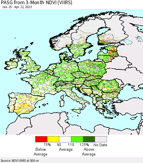 Europe PASG from 3-Month NDVI (VIIRS) Thematic Map For 4/15/2023 - 4/22/2023