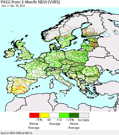 Europe PASG from 3-Month NDVI (VIIRS) Thematic Map For 4/23/2023 - 4/30/2023