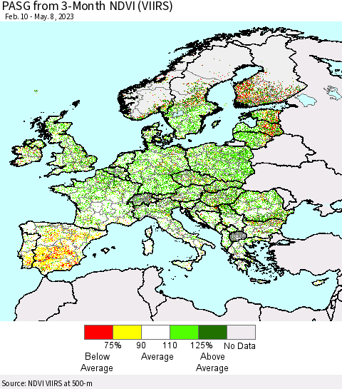 Europe PASG from 3-Month NDVI (VIIRS) Thematic Map For 5/1/2023 - 5/8/2023
