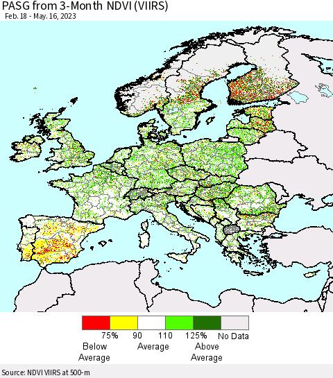 Europe PASG from 3-Month NDVI (VIIRS) Thematic Map For 5/9/2023 - 5/16/2023