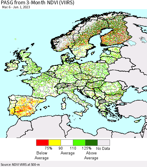 Europe PASG from 3-Month NDVI (VIIRS) Thematic Map For 5/25/2023 - 6/1/2023
