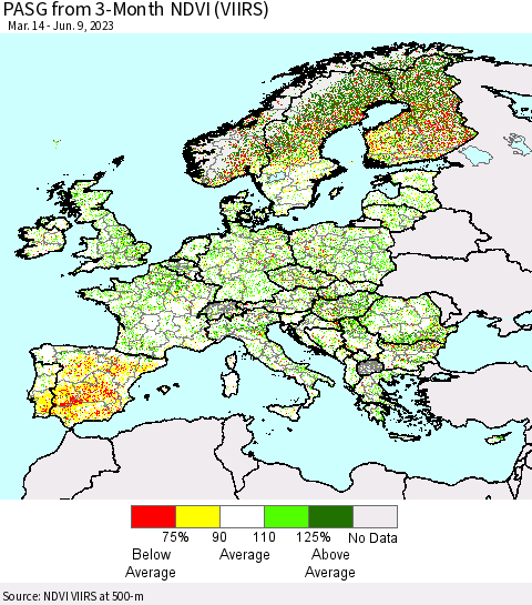 Europe PASG from 3-Month NDVI (VIIRS) Thematic Map For 6/2/2023 - 6/9/2023