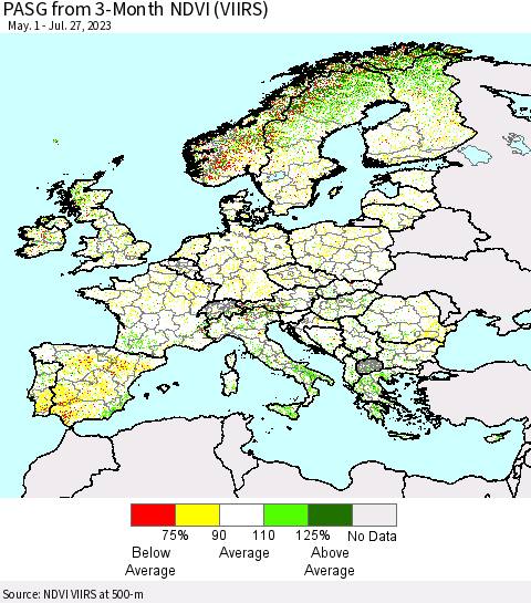 Europe PASG from 3-Month NDVI (VIIRS) Thematic Map For 7/20/2023 - 7/27/2023