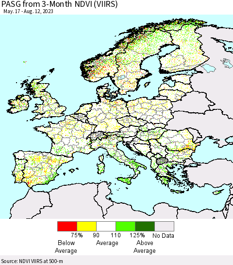 Europe PASG from 3-Month NDVI (VIIRS) Thematic Map For 8/5/2023 - 8/12/2023