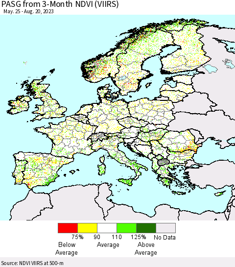 Europe PASG from 3-Month NDVI (VIIRS) Thematic Map For 8/13/2023 - 8/20/2023
