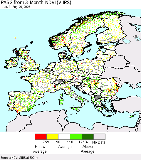 Europe PASG from 3-Month NDVI (VIIRS) Thematic Map For 8/21/2023 - 8/28/2023