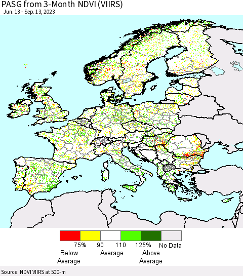 Europe PASG from 3-Month NDVI (VIIRS) Thematic Map For 9/6/2023 - 9/13/2023