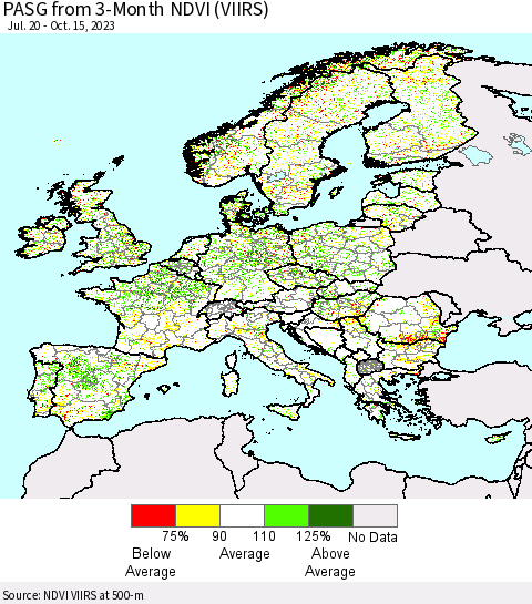 Europe PASG from 3-Month NDVI (VIIRS) Thematic Map For 10/8/2023 - 10/15/2023