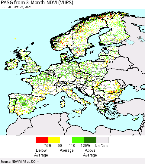 Europe PASG from 3-Month NDVI (VIIRS) Thematic Map For 10/16/2023 - 10/23/2023