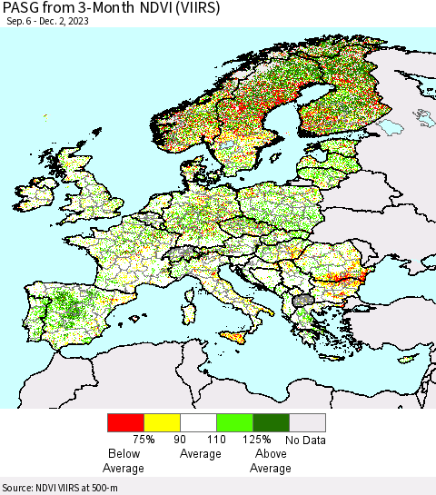 Europe PASG from 3-Month NDVI (VIIRS) Thematic Map For 11/25/2023 - 12/2/2023