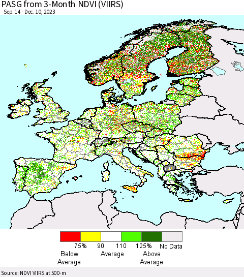 Europe PASG from 3-Month NDVI (VIIRS) Thematic Map For 12/3/2023 - 12/10/2023