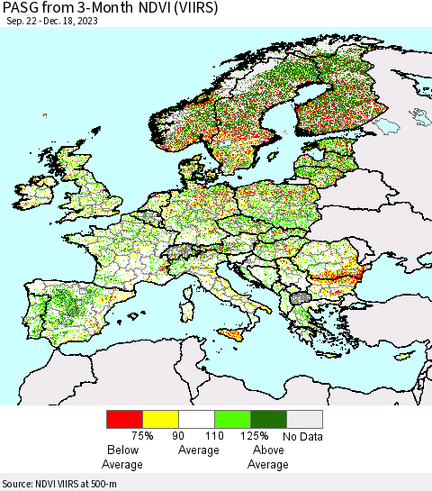 Europe PASG from 3-Month NDVI (VIIRS) Thematic Map For 12/11/2023 - 12/18/2023