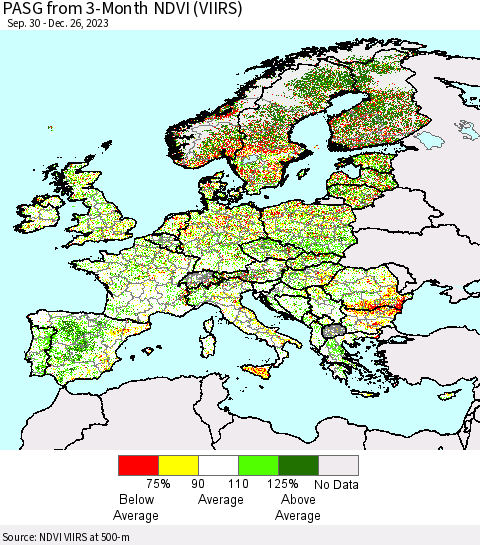 Europe PASG from 3-Month NDVI (VIIRS) Thematic Map For 12/19/2023 - 12/26/2023