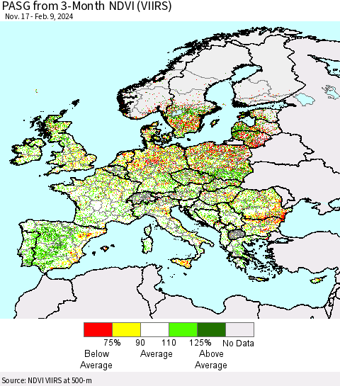 Europe PASG from 3-Month NDVI (VIIRS) Thematic Map For 2/2/2024 - 2/9/2024