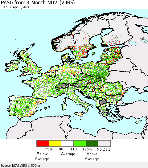 Europe PASG from 3-Month NDVI (VIIRS) Thematic Map For 3/29/2024 - 4/5/2024