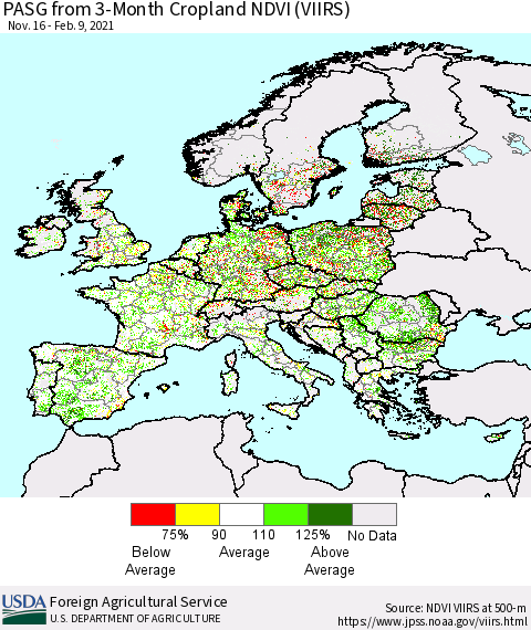 Europe PASG from 3-Month Cropland NDVI (VIIRS) Thematic Map For 2/1/2021 - 2/10/2021