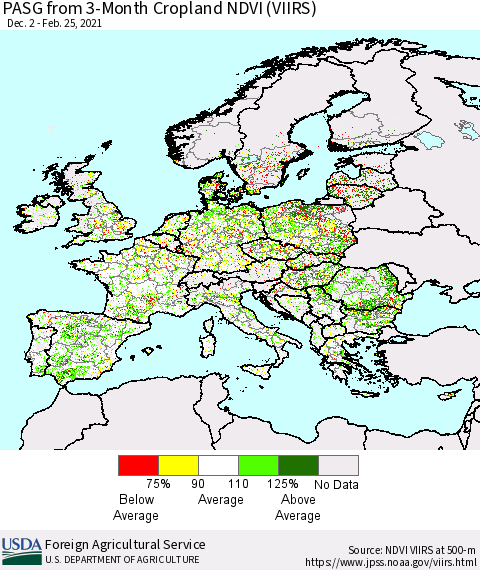 Europe PASG from 3-Month Cropland NDVI (VIIRS) Thematic Map For 2/21/2021 - 2/28/2021