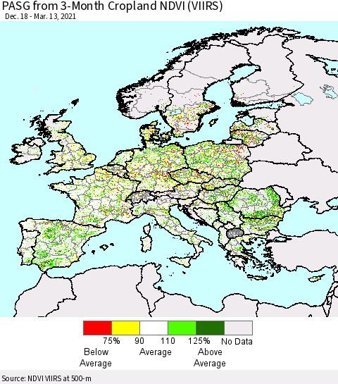 Europe PASG from 3-Month Cropland NDVI (VIIRS) Thematic Map For 3/6/2021 - 3/13/2021