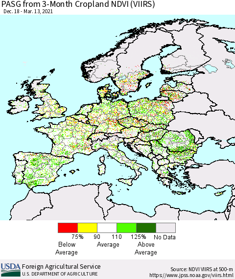 Europe PASG from 3-Month Cropland NDVI (VIIRS) Thematic Map For 3/11/2021 - 3/20/2021